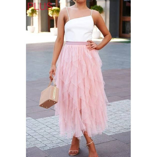 Irregular Hem Mesh Elastic High Waist Tulle Skirt