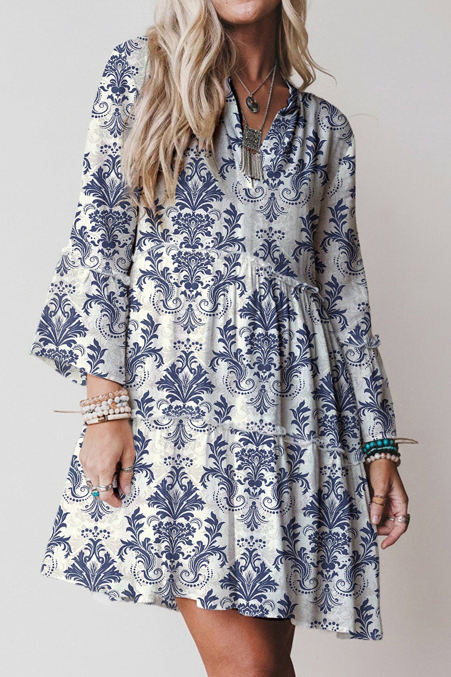Sky Blue Boho Floral Print Lettuce Trim 3/4 Sleeve Mini Dress: Blue / 100%Viscose / 2XL