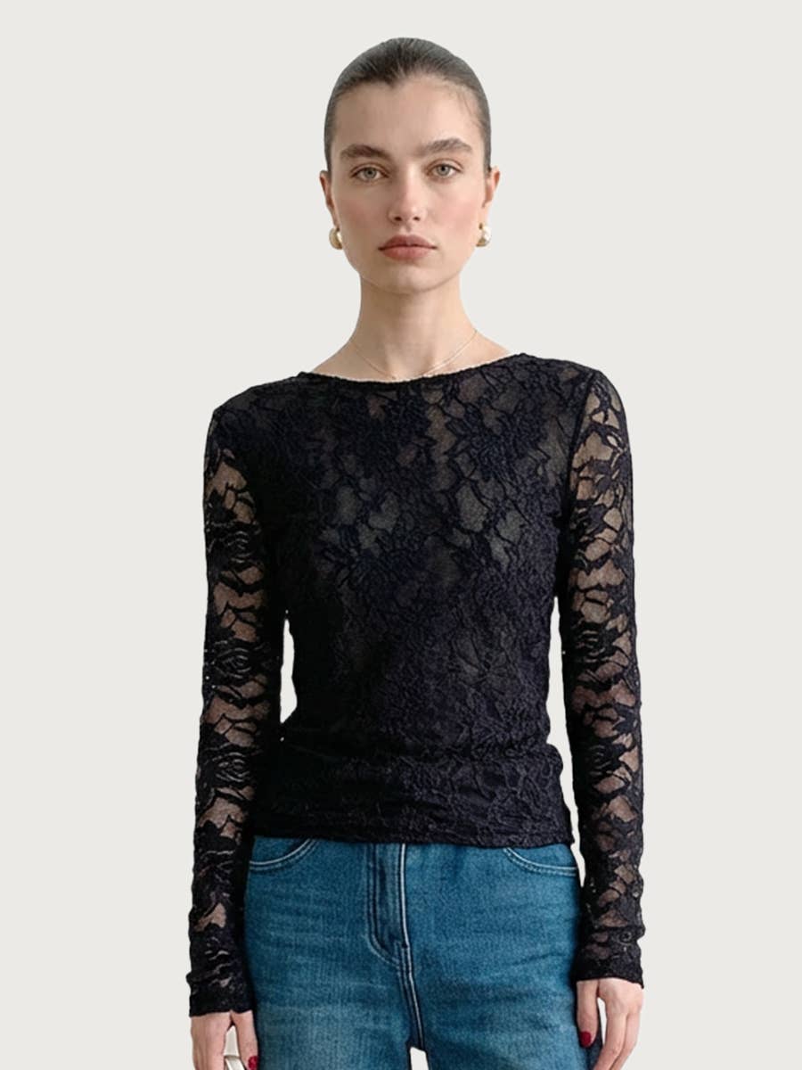 Women’s Sheer Floral Lace Long Sleeve Blouse – Fitted Scoop Neck Top