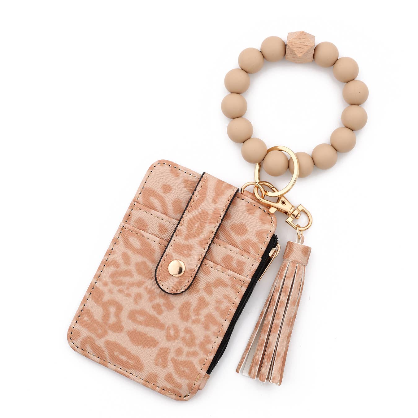 Leopard Print Card Holder with Beaded Wristlet Keychain