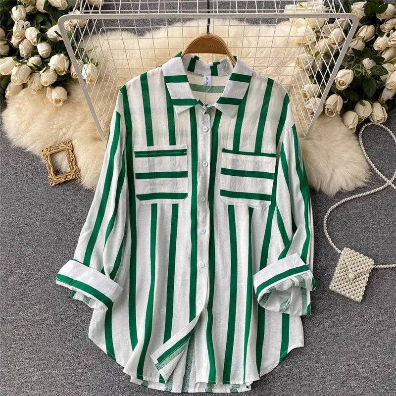 Casual Loose Blouse with Striped Lapel and Contrast Color Detail