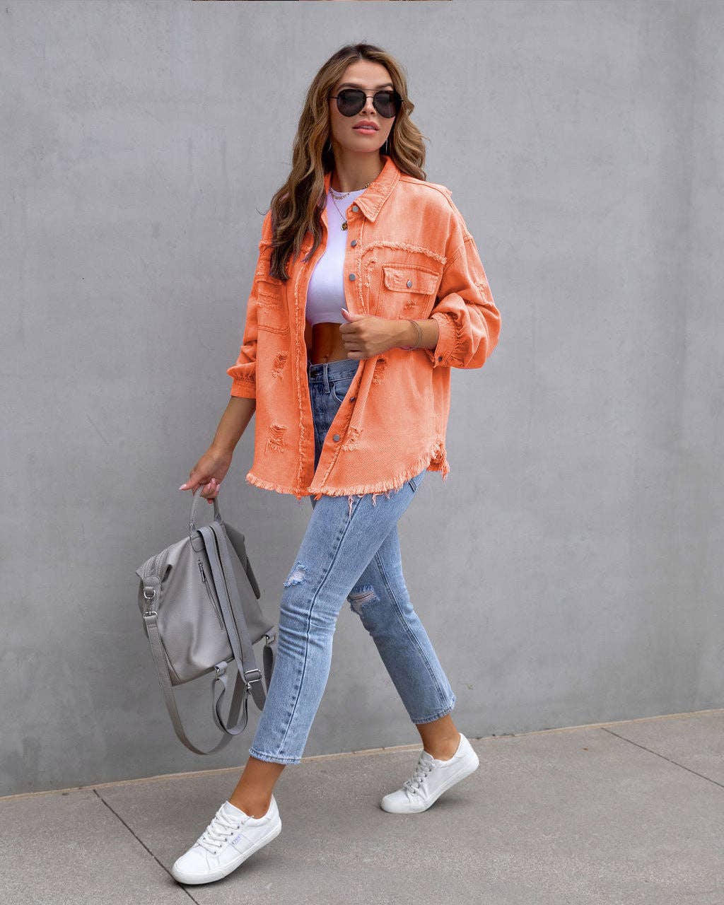 Trendy Casual Mid-Length Distressed Denim Jacket for Women
