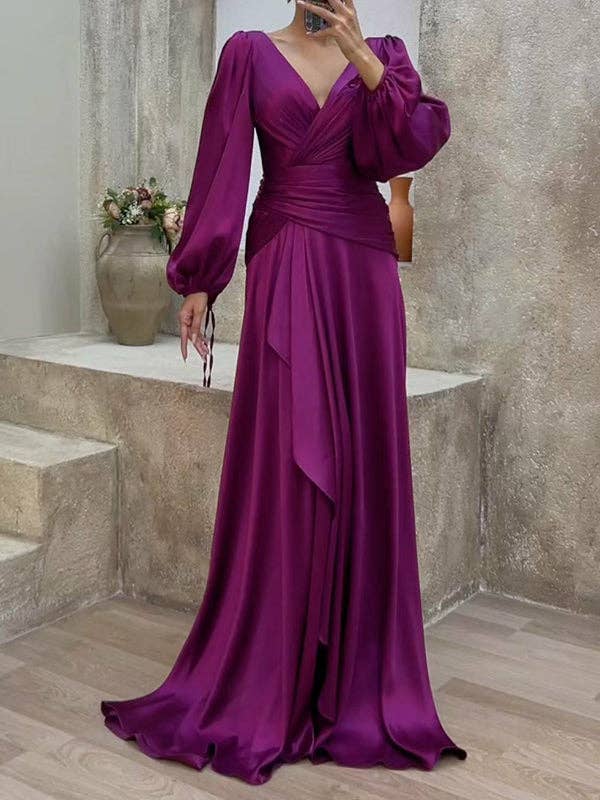 Look-Thin Pleated Solid Color V-Cut Long Sleeves Maxi Dresses