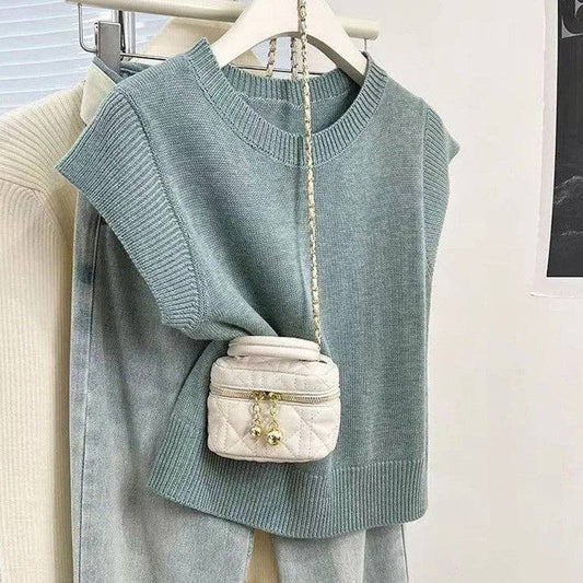 Solid Color Knit Short Sleeve T-Shirt: BLUE / One_size