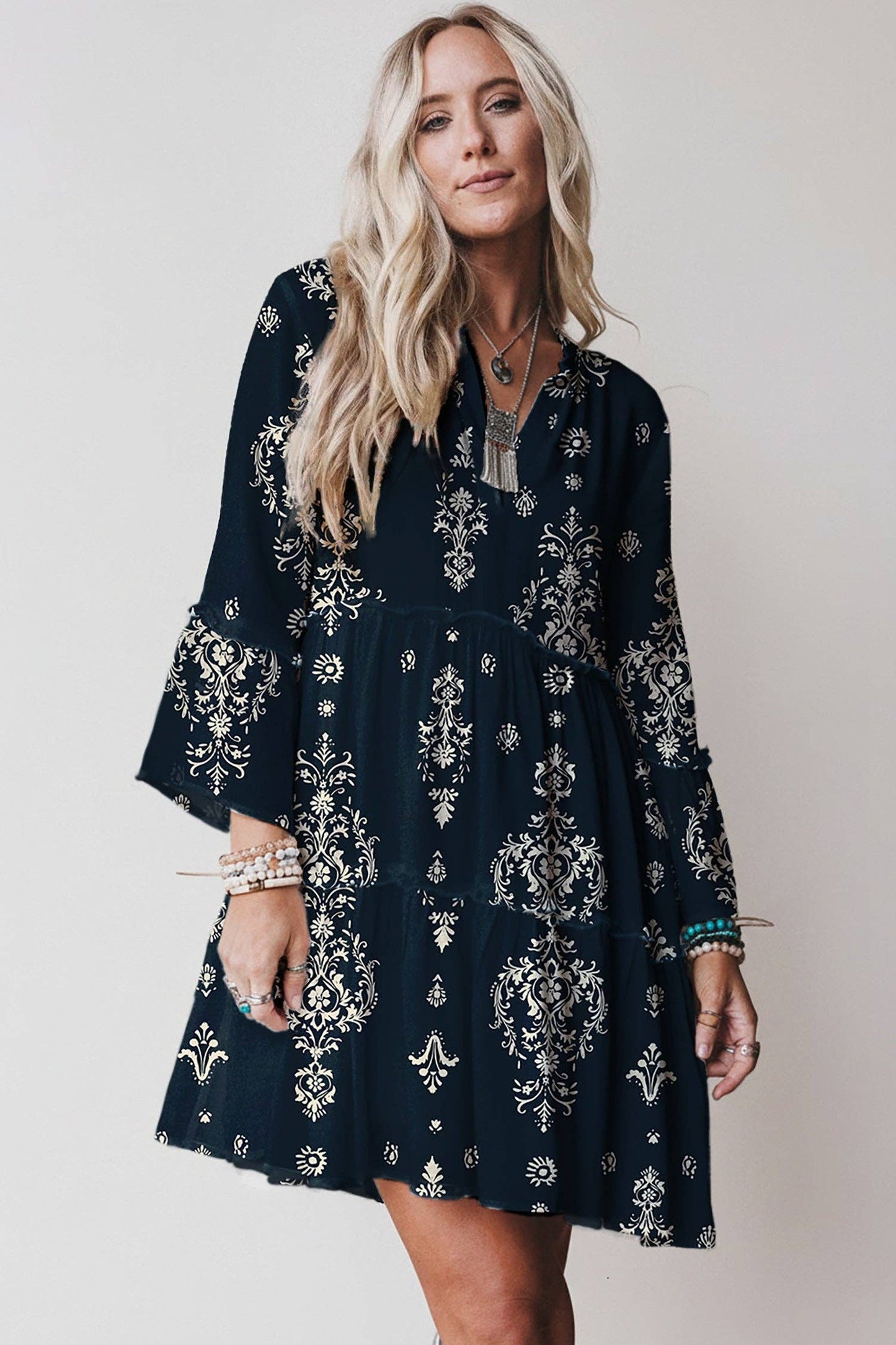 Sky Blue Boho Floral Print Lettuce Trim 3/4 Sleeve Mini Dress: Blue / 100%Viscose / 2XL