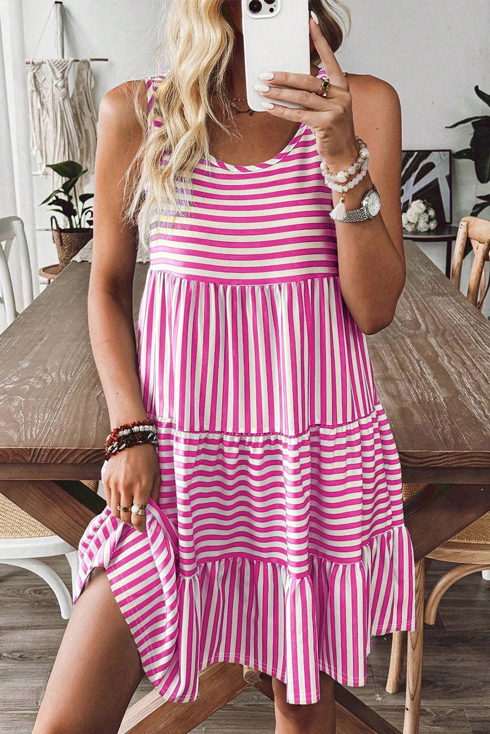 Sky Blue Stripe U Neck Sleeveless Loose Fit Mini Dress: Rose Stripe / 95%Cotton+5%Elastane