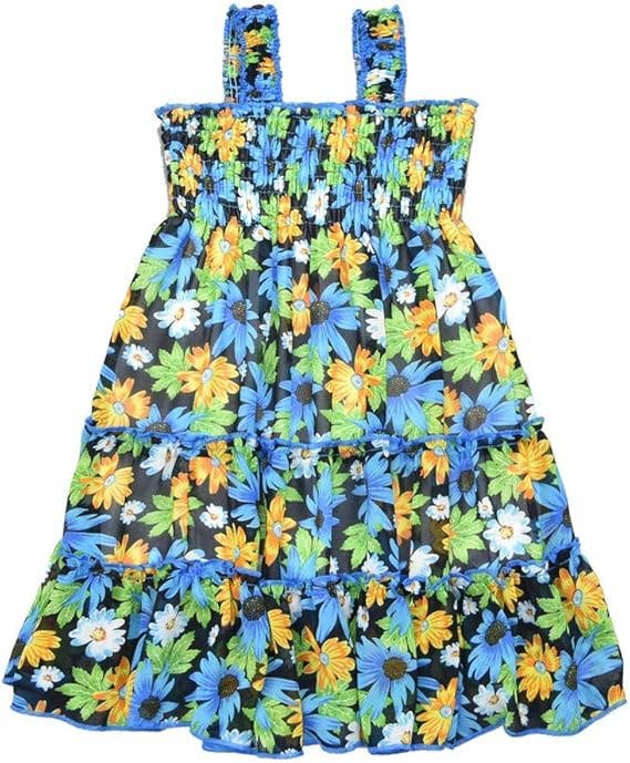 Girls Floral Print Chiffon Shoulder Strap Ruffled Midi-Dress: 3783-15-38 / 6