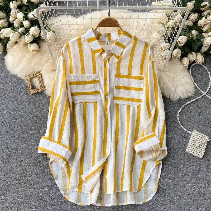 Casual Loose Blouse with Striped Lapel and Contrast Color Detail