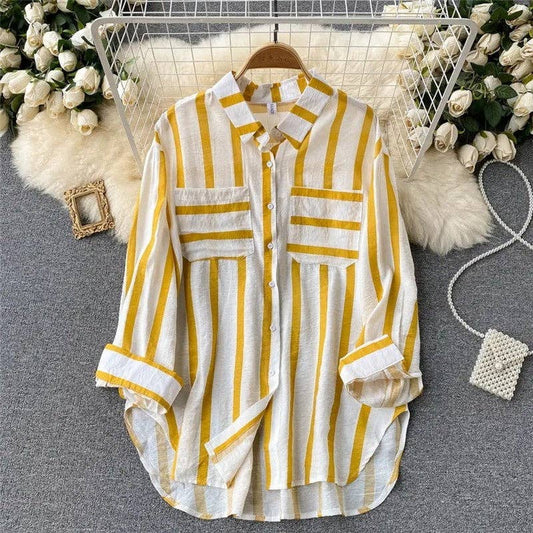 Casual Loose Blouse with Striped Lapel and Contrast Color Detail