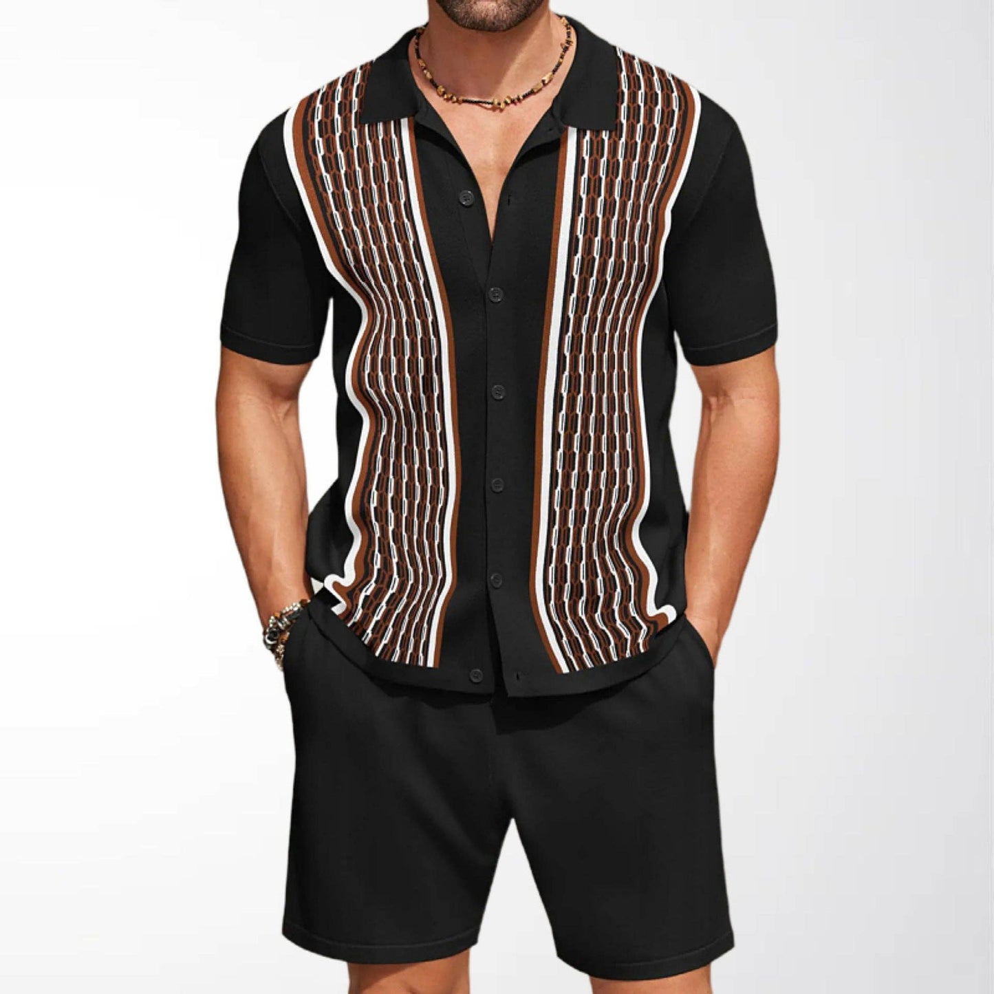 Men's Casual Knit Set Color Block Cardigan and Shorts