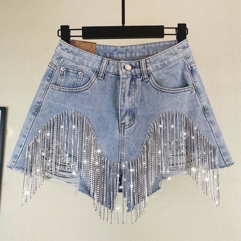 Rhinestone Fringe Denim Shorts High Waist Festival