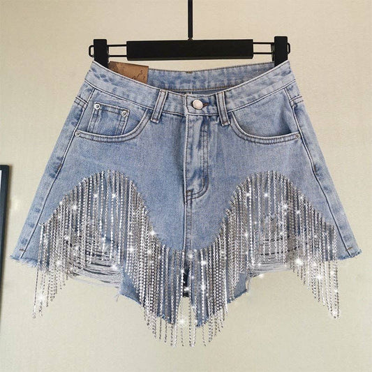 Rhinestone Fringe Denim Shorts High Waist Festival