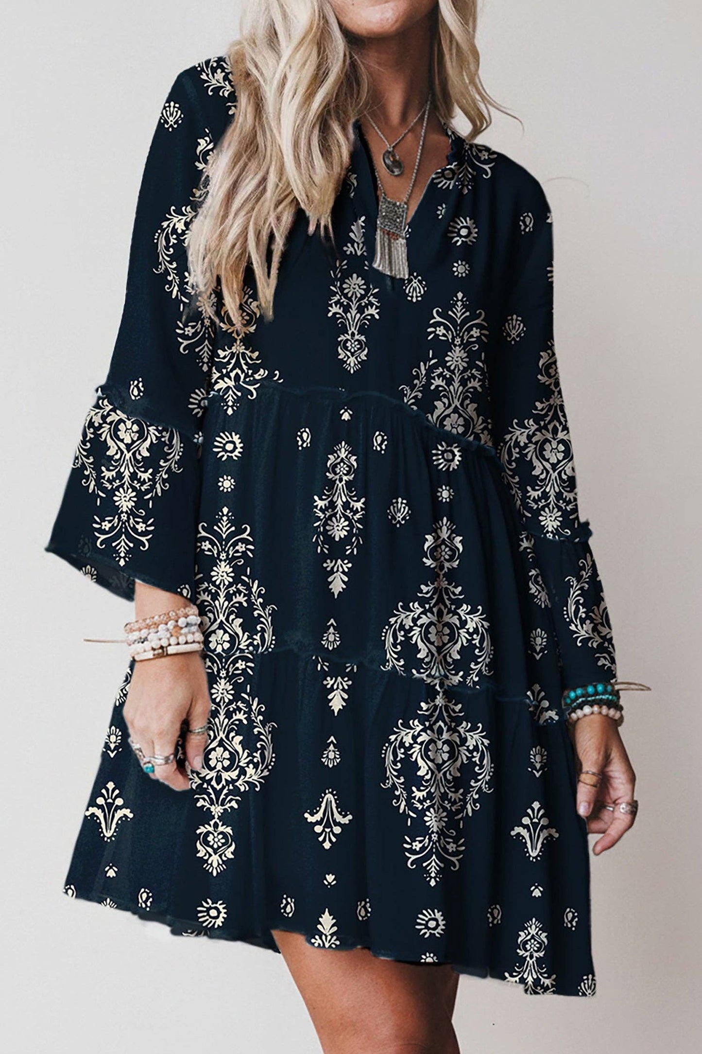 Sky Blue Boho Floral Print Lettuce Trim 3/4 Sleeve Mini Dress: Blue / 100%Viscose / 2XL