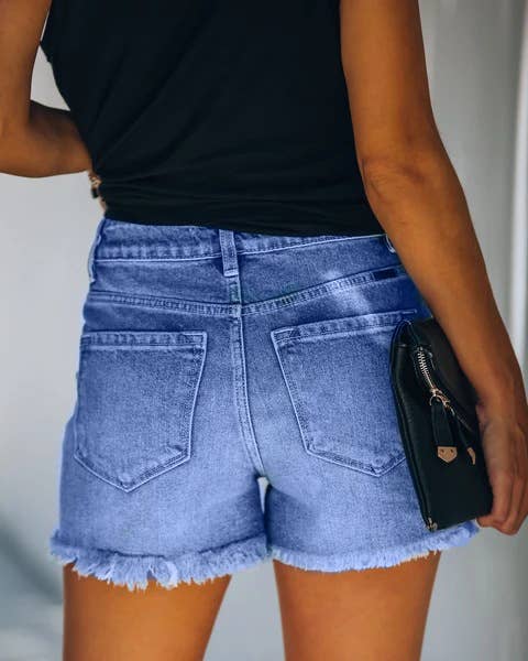 High-Waisted Ripped Stretch Denim Shorts for Summer: Dark Blue / 73%Cotton/14%Rayon/11% Polyester/2%spandex / XXL