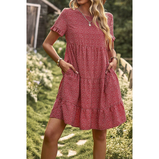Floral Polka Dots Boat Neck Loose A Line Midi Dress