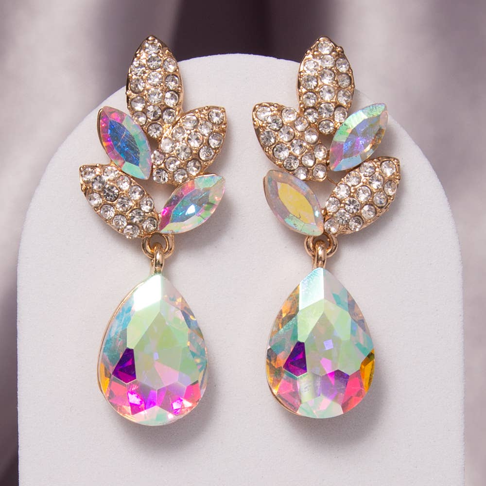 2-Tier Crystal Rhinestone Leaf Accent Dangle Earrings