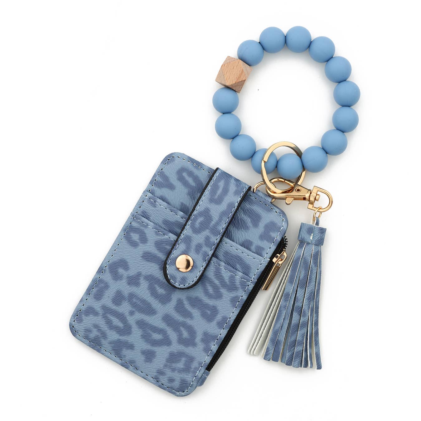 Leopard Print Card Holder with Beaded Wristlet Keychain
