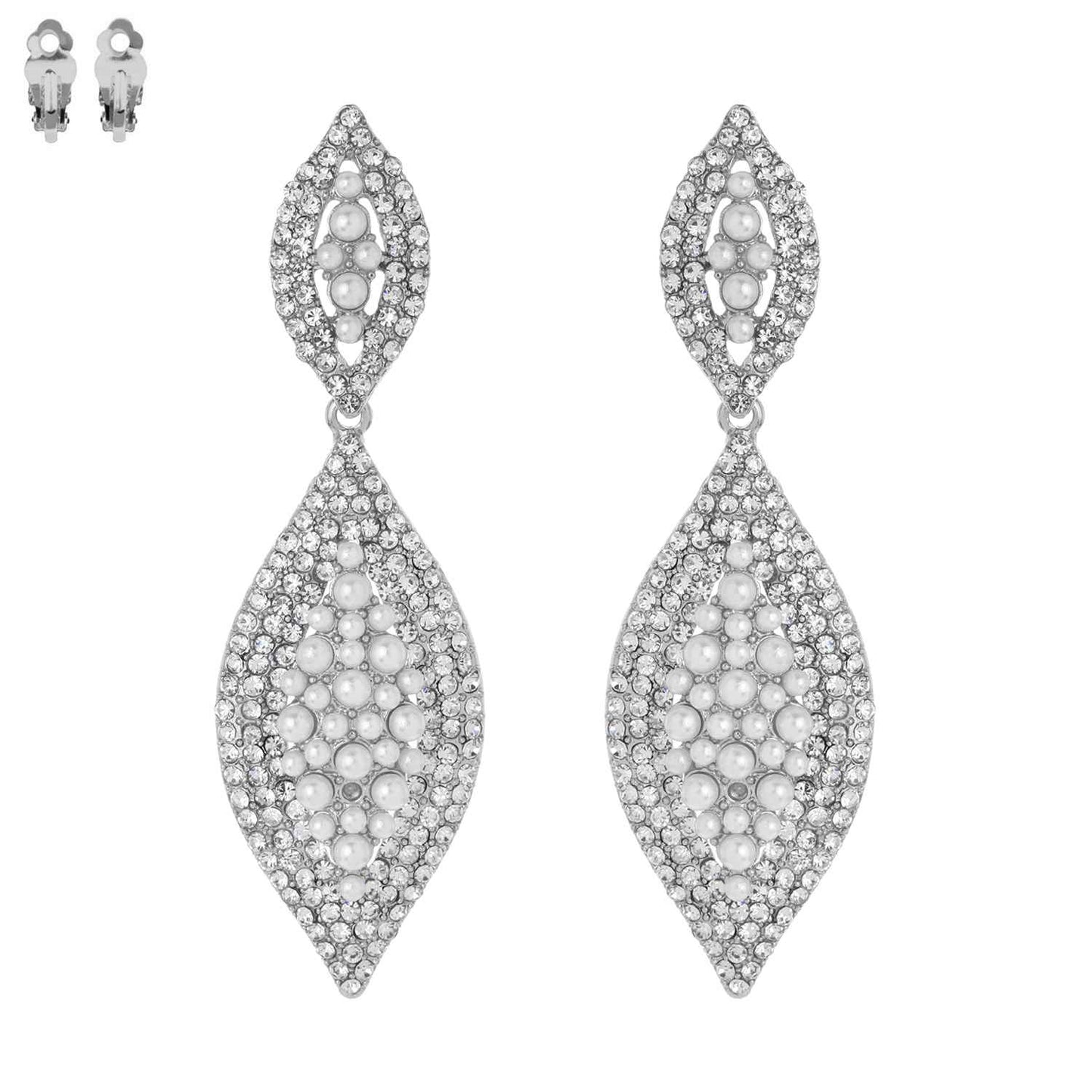 Leaf Shaped Rhinestone & Pearl CLIP ON Earrings