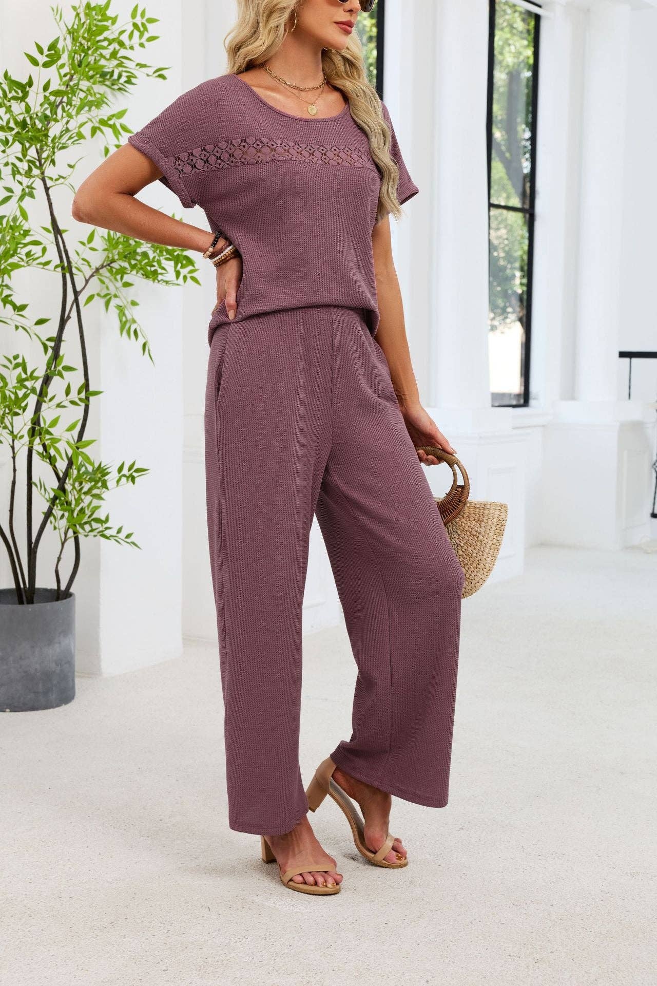 Lace Detail Short Sleeve Top and Wide Leg Pants Set